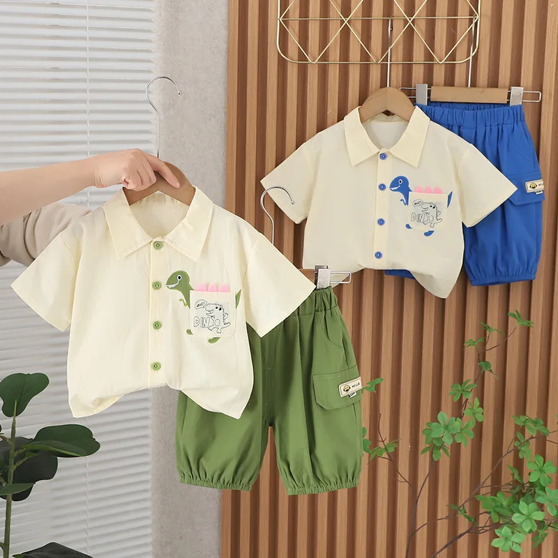 

Boys short sleeve suit summer new style casual chest pocket dinosaur shirt short sleeve two-piece set tide