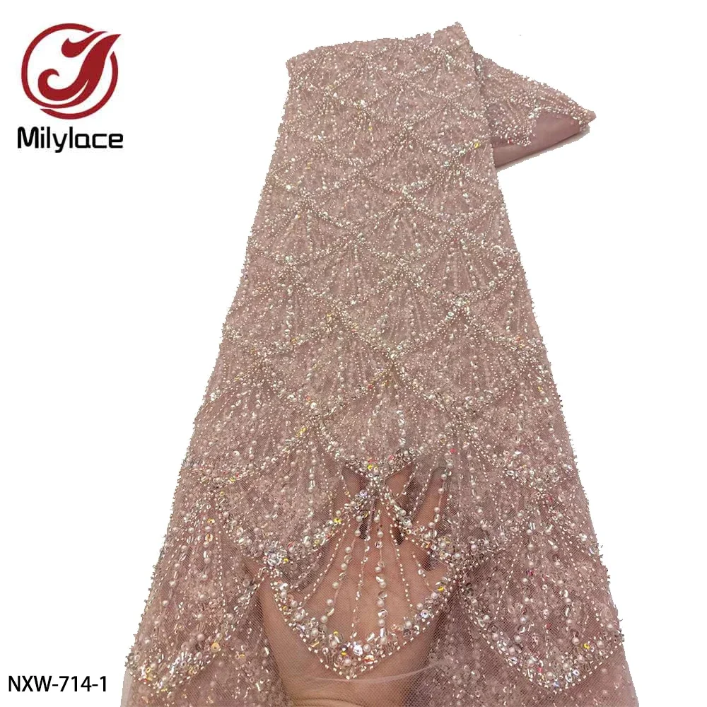 

High Quality Nigeria Lace Fabric French Sequins Lace Fabric Luxury Embroidery Heavy Beaded Lace Fabric for Wedding NXW-714