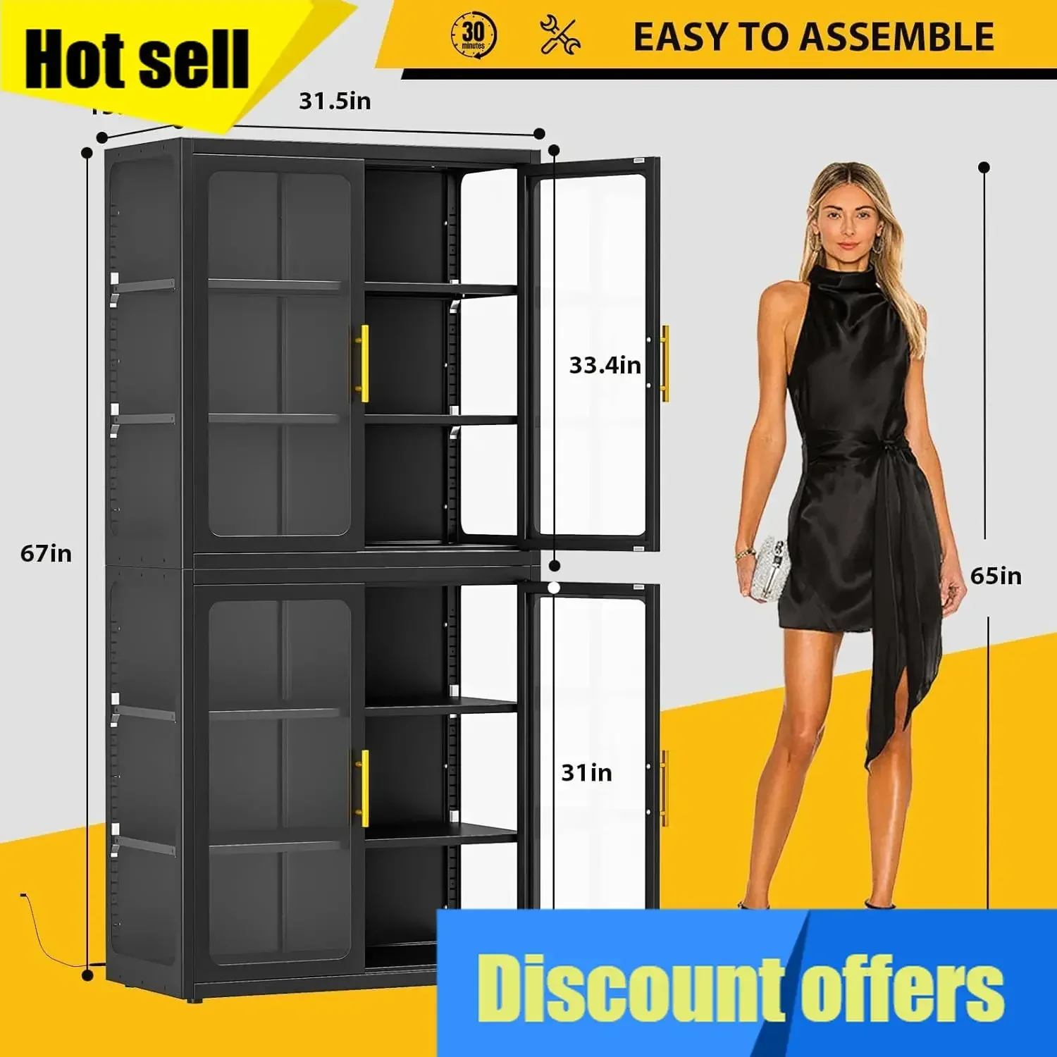 6 Tier Tall Display Cabinet With Glass Doors Adjustable Shelves Led Lights Glass Display Case For Collectibles Bookcase In Livin