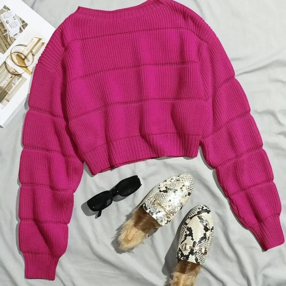 Ladies Crewneck Knit Sweater Long Sleeve Pullover Soft Texture Solid Color Short Slim Fit Autumn Winter Apparel
