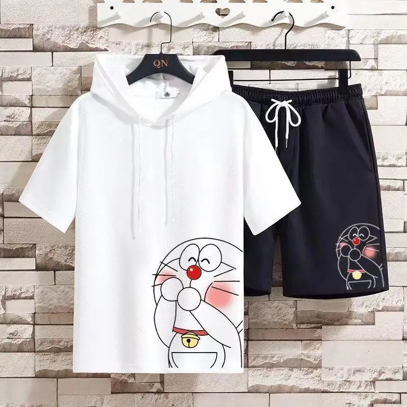 Doraemon anime kawaii cartoon doraemon blue fat man hooded cute sweatshirt t-shirt five-quarter pants home wear two-piece set