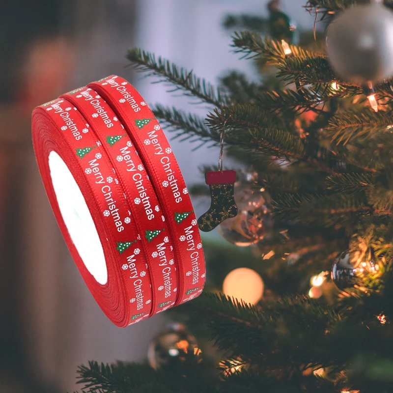 10 Rolls 25 Yards Christmas Tree Snowflake Printing Red Ribbon DIY Xmas Decor