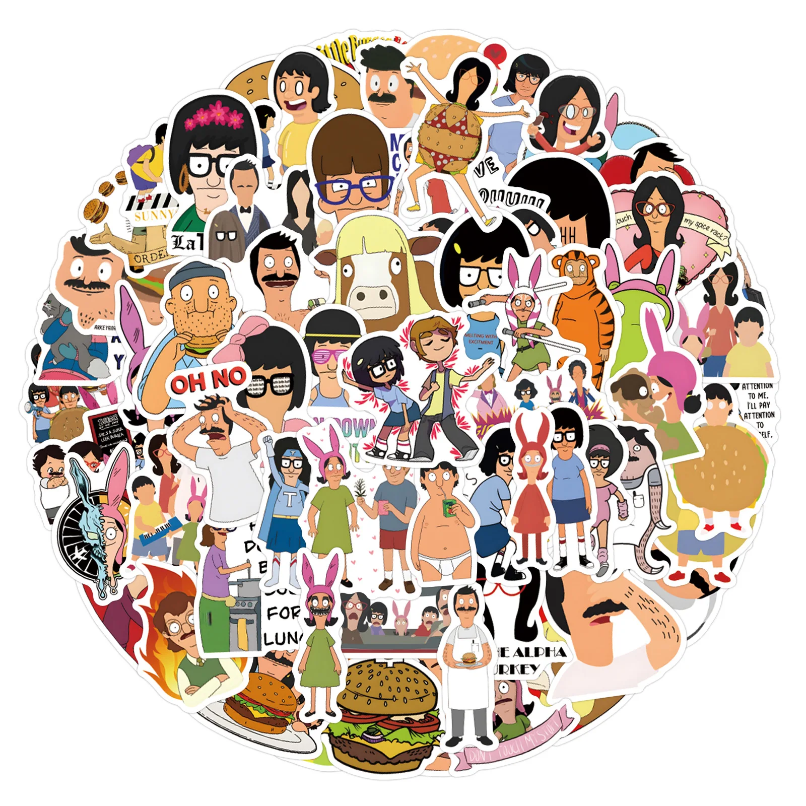 110 قطعة Bobs Burgers الكتابة على الجدران ملصقات DIY بها بنفسك الأمتعة المحمول الهاتف الغيتار سيارة دراجة سكيت الشارات لعبة أطفال