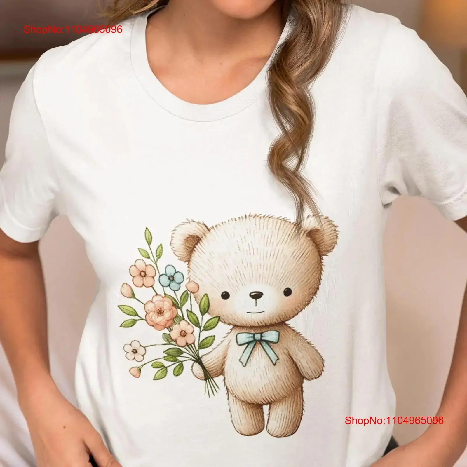 

Cute Teddy Bear Holding Flowers T Shirt Adorable Novelty for Animal Lovers Sweet Cartoon with Floral BouqueT Top vintage