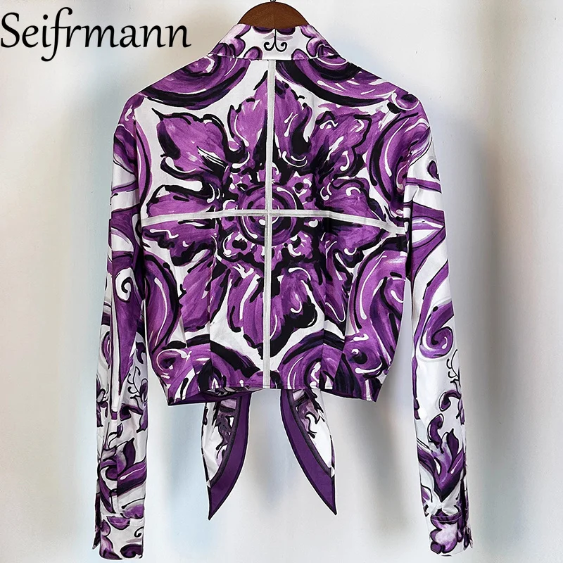 เสื้อผู้หญิงเซฟร์มันน์ เอลิแกนท์คอปกพับได้กระดุมแถวเดียวแขนยาวแฟชั่นพิมพ์ลายเสื้อผ้าฝ้าย