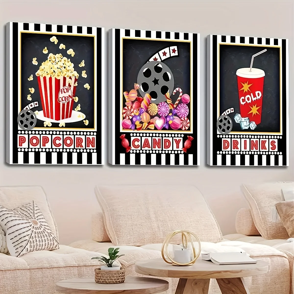 3 piezas de decoración de pared sin marco, estilo nórdico, tema de película, palomitas de maíz, dulces, logotipo de película, para decoración del hogar, decoración de pared de teatro