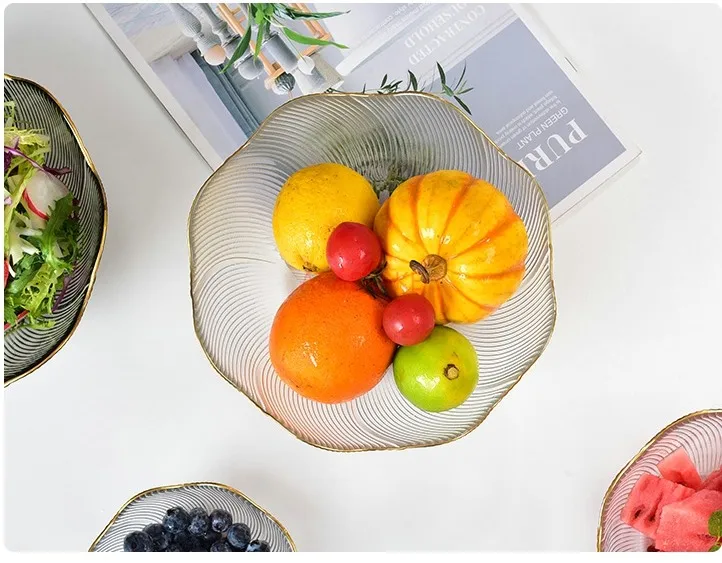 

Large transparent glass bowl, household tableware, fruit salad plate, gold-plated bowl