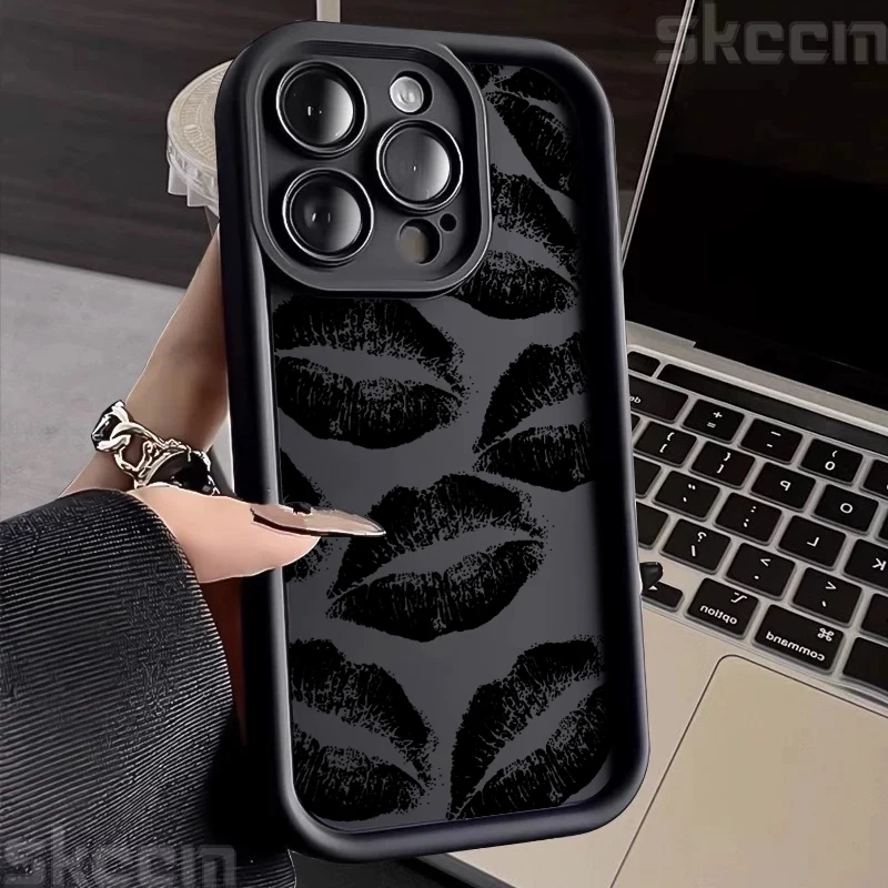 Black And Red Lips Kiss Print Soft Silicone Case For Samsung Galaxy S25 Ultra S24 Plus S23 FE S22 S21 S20 A55 A54 A15 A35 Cover - náhled 2