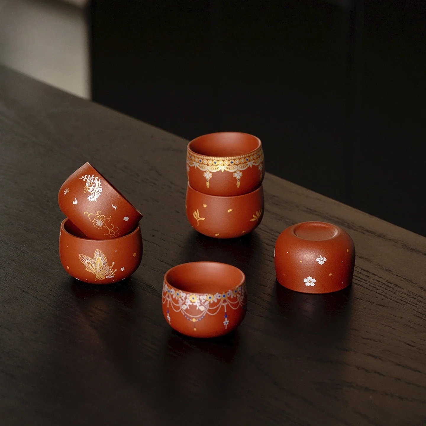 2Pcs 55ML Raw Ore Cinnabar Mud Purple Sand Teacup National Style Bronzing TeaCup Kung Fu TeaSet Household Tea Drinking Xishi Cup