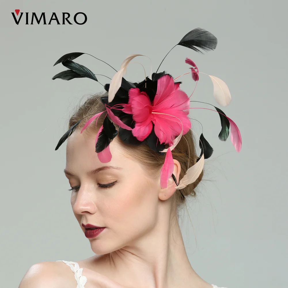 VIMARO Fuchsia and Black Feather Fascinators for Women Elegant Hair Accessories Fascinator Hats for Women Wedding and Church