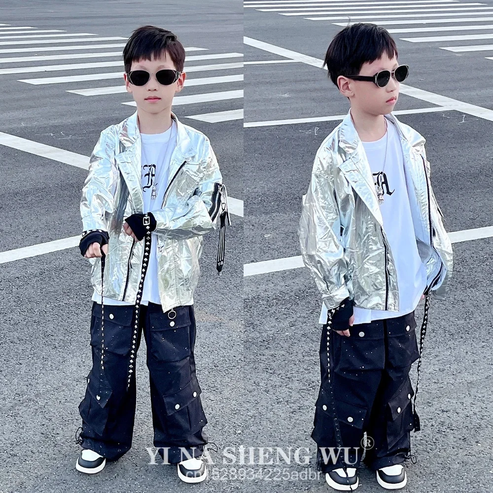 Boys Hip Hop Silver Jacket Street Dance Cargo Pants Girls Cool Streetwear Kids Jazz Clothes Sets Children Shiny Costumes