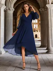 Elegant Evening Dress Long Sleeves Pleated Ruffles Knee-Length 2024 Ever Pretty of Chiffon Navy Blue Wedding Guest Dresses