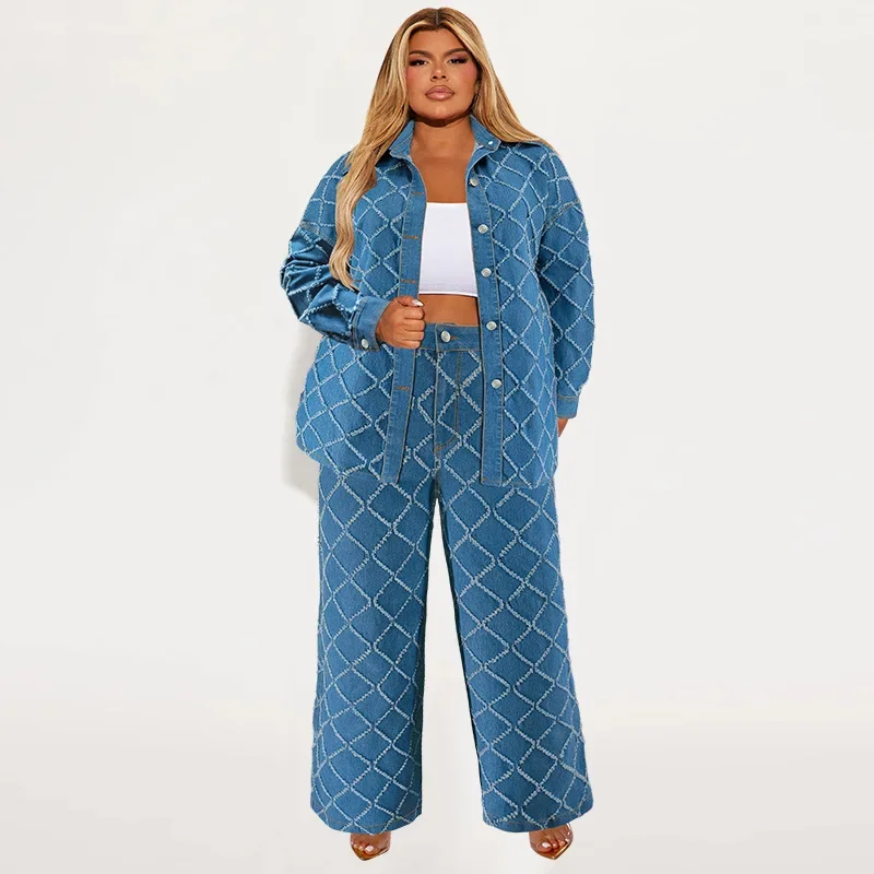 Chemisier boutonné à manches longues et pantalon large pour femme, vêtements décontractés, grande taille, mode printemps, ensemble 2 pièces