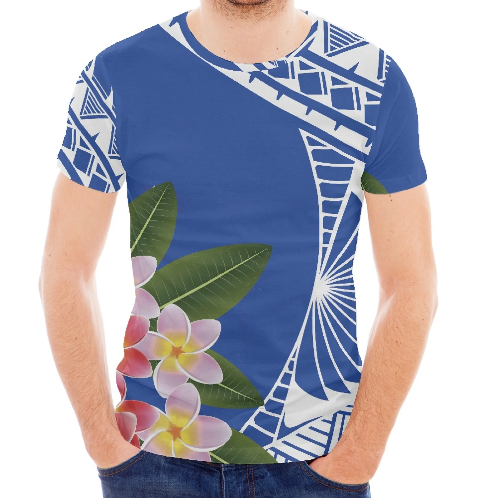 

Tattoo Frangipani Design Printed Polynesian Traditional Pattern Style Men's Crew Neck Short Sleeve Hawaiian Summer Sports Shirt