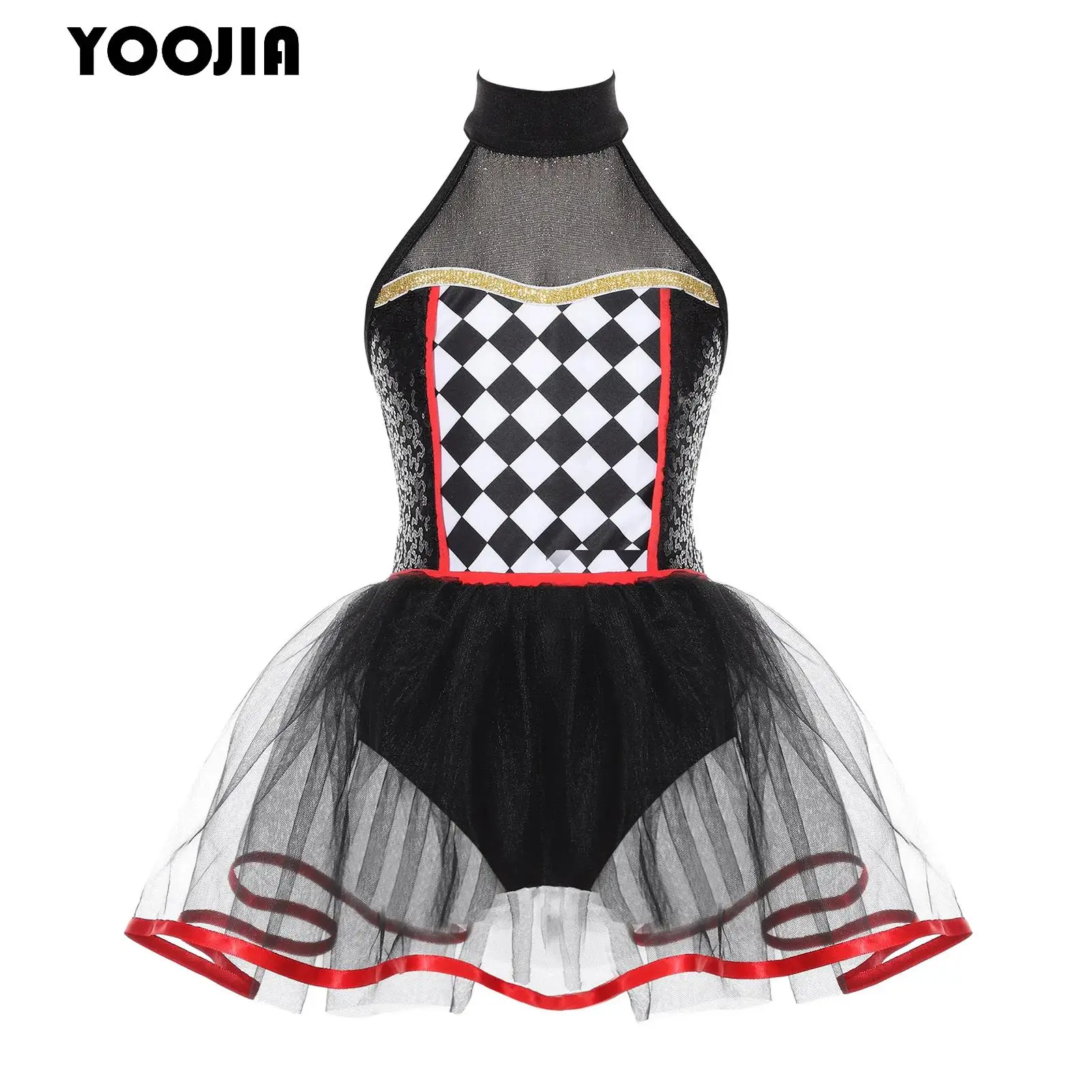الفتيات الترتر مهرج توتو فستان الشطرنج طباعة هالوين الشر المهرج الملتوية السيرك يوتار فستان أداء الرقص زي #1