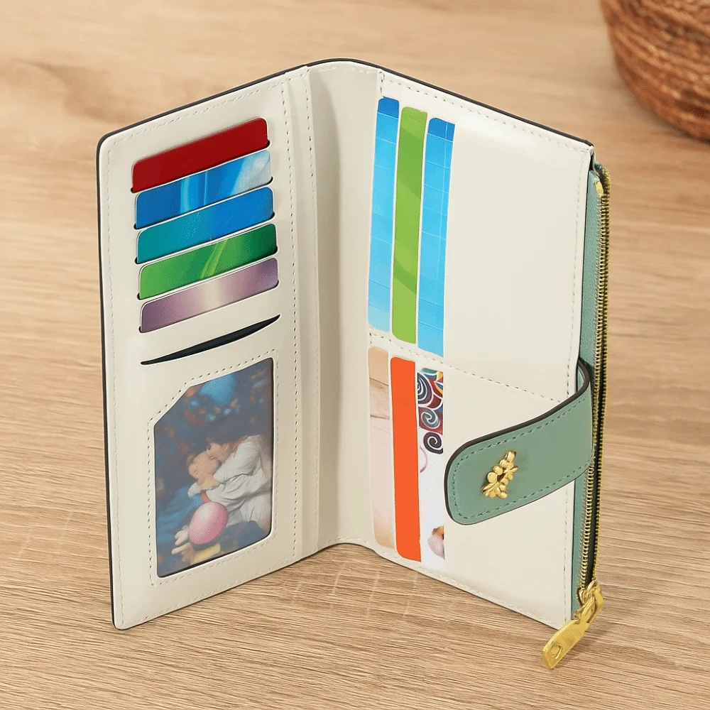 محفظة بسيطة مقاومة للماء طويلة قابلة للطي محمولة باليد من جلد البولي يوريثان حقيبة نقود خفيفة الوزن بسحاب تحقق من حقيبة بطاقات الائتمان أنثى