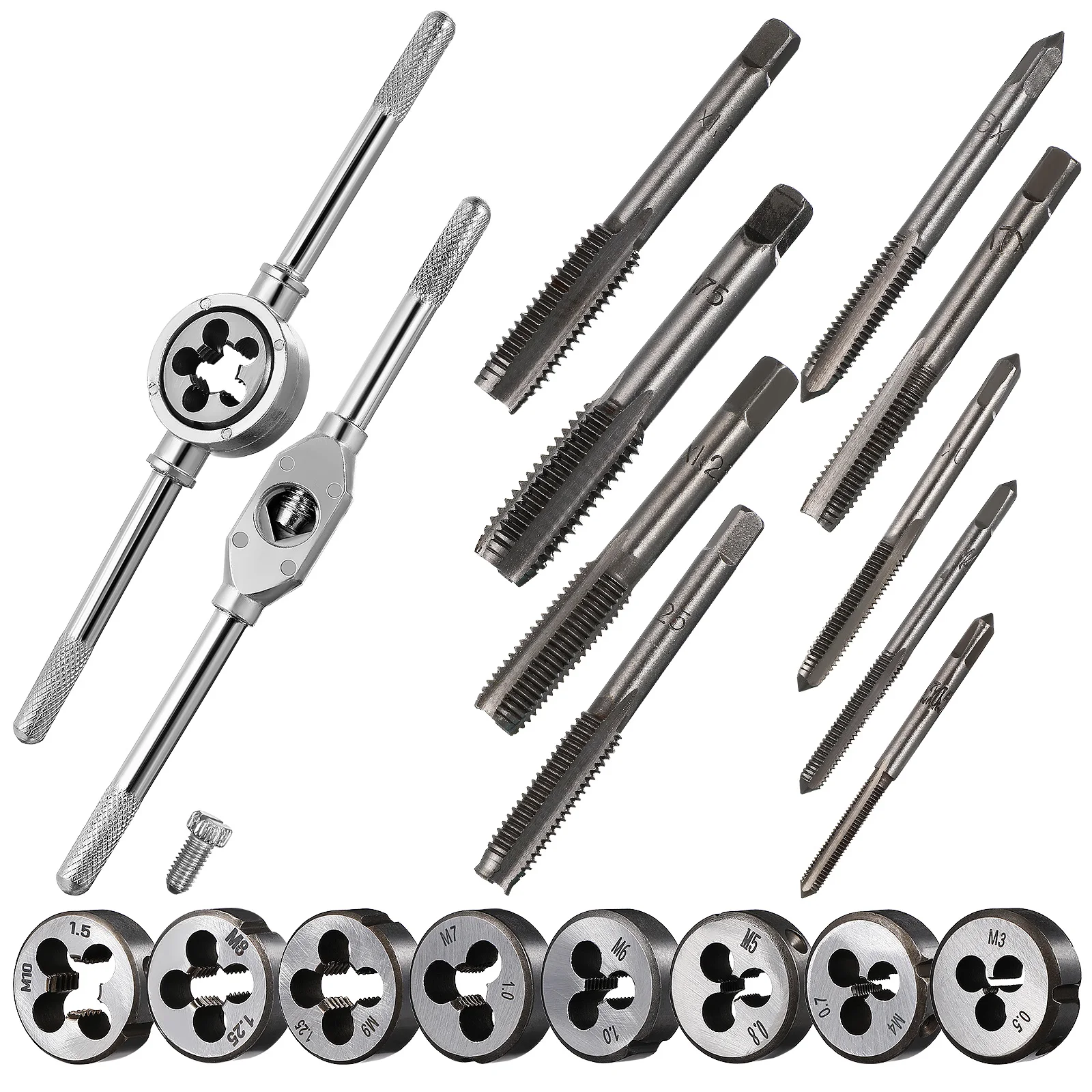 

20pcs Hand Tap Handle Tool Set Bearing Steel Metric Adjustable Taps Dies Stocks Wrenches - Ratcheting T Handle Internal
