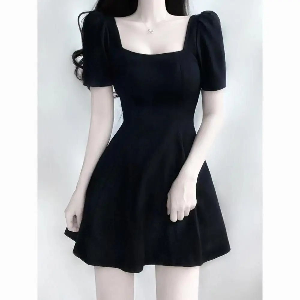 Black Waist-Cinching  Dress Women's Fashion Summer 2026 High-End Sensation Date Dress French Style Pure Color A-Line Skirt