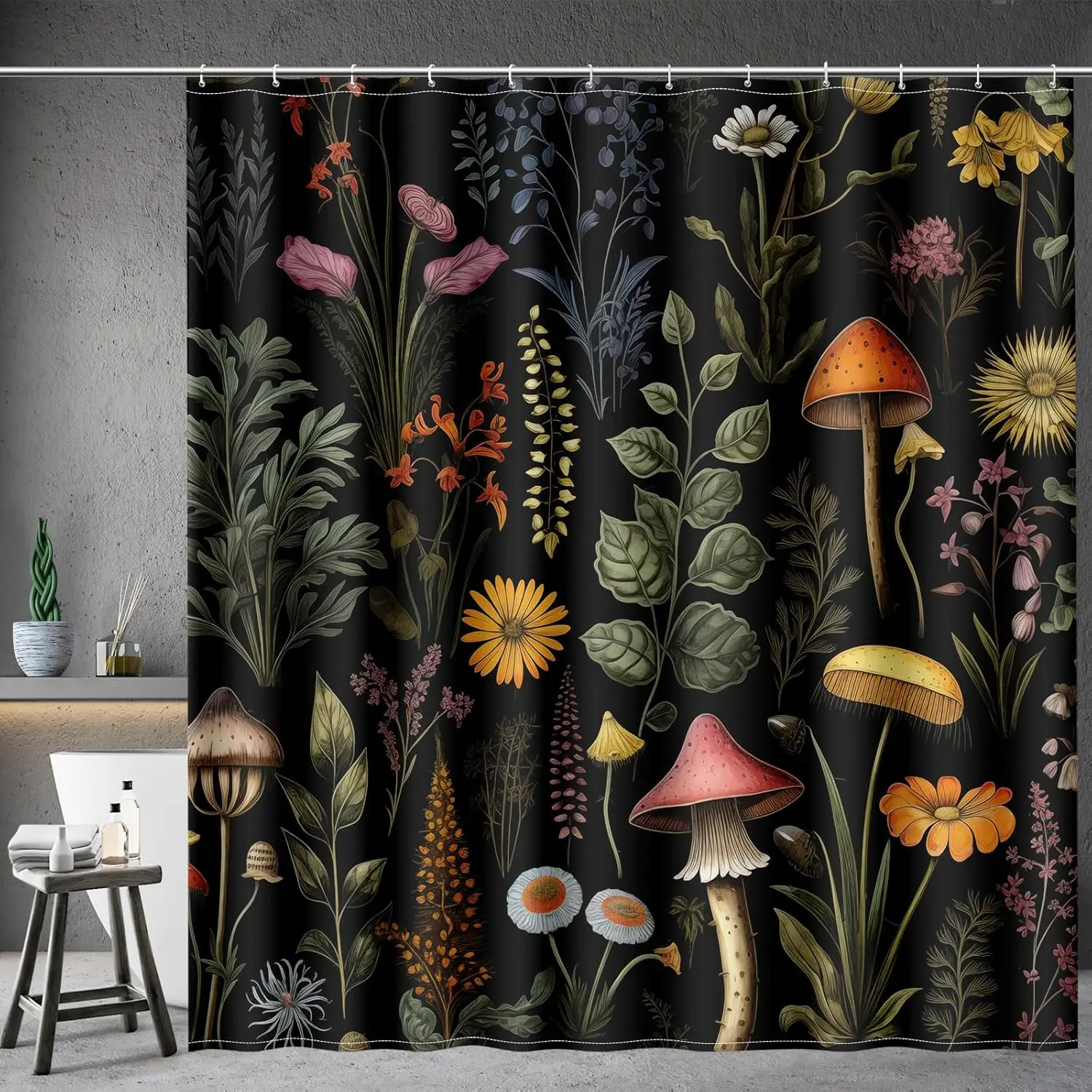 

Boho Mushroom Floral Shower Curtain Set with 12 Hooks, 72x72 Inches, Vintage Black Plants Nature Bathroom Decor