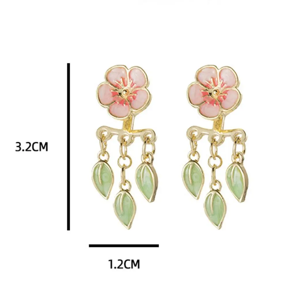 Trendy Alloy Peach Blossom Stud Earrings Bohemian Cute Earrings with Leaf Vintage Flower Design Sweet Ear Hook Jewelry