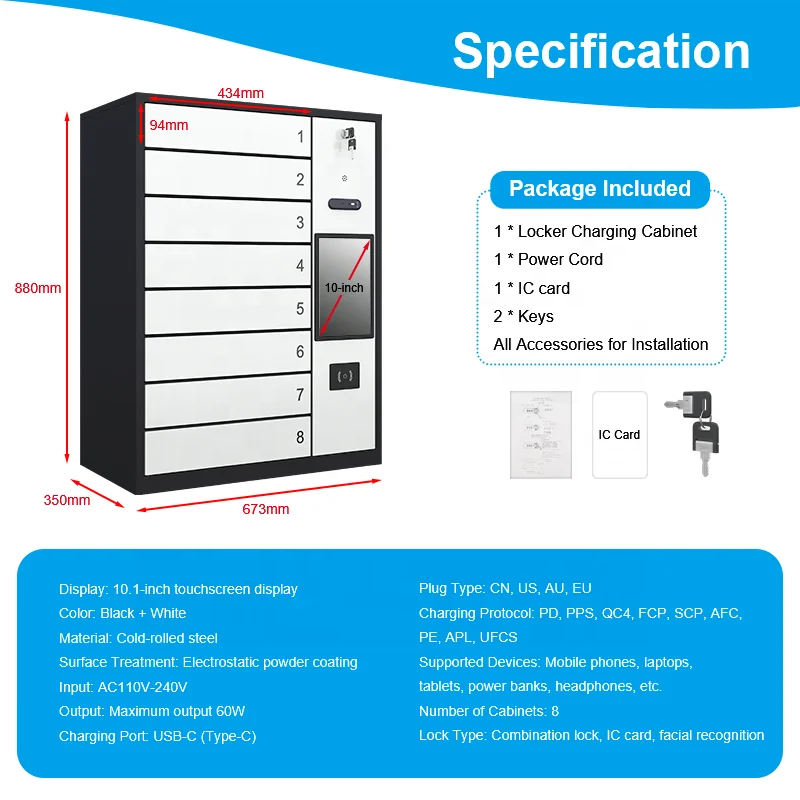 Fast Charging Lockers for Phones Tablets and Laptops with Face Recognition Password and IC Card USB C Charging 8 Compartment