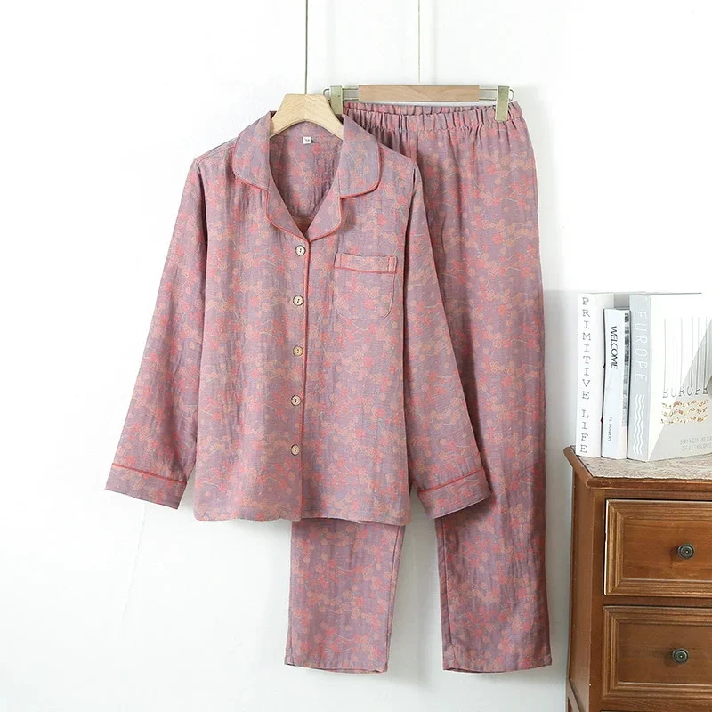 طقم بيجامة نسائي جديد لربيع وخريف 2025 100% قطن جاكار بياقة على شكل زهرة وأكمام طويلة سراويل طويلة قطعتين ملابس منزلية