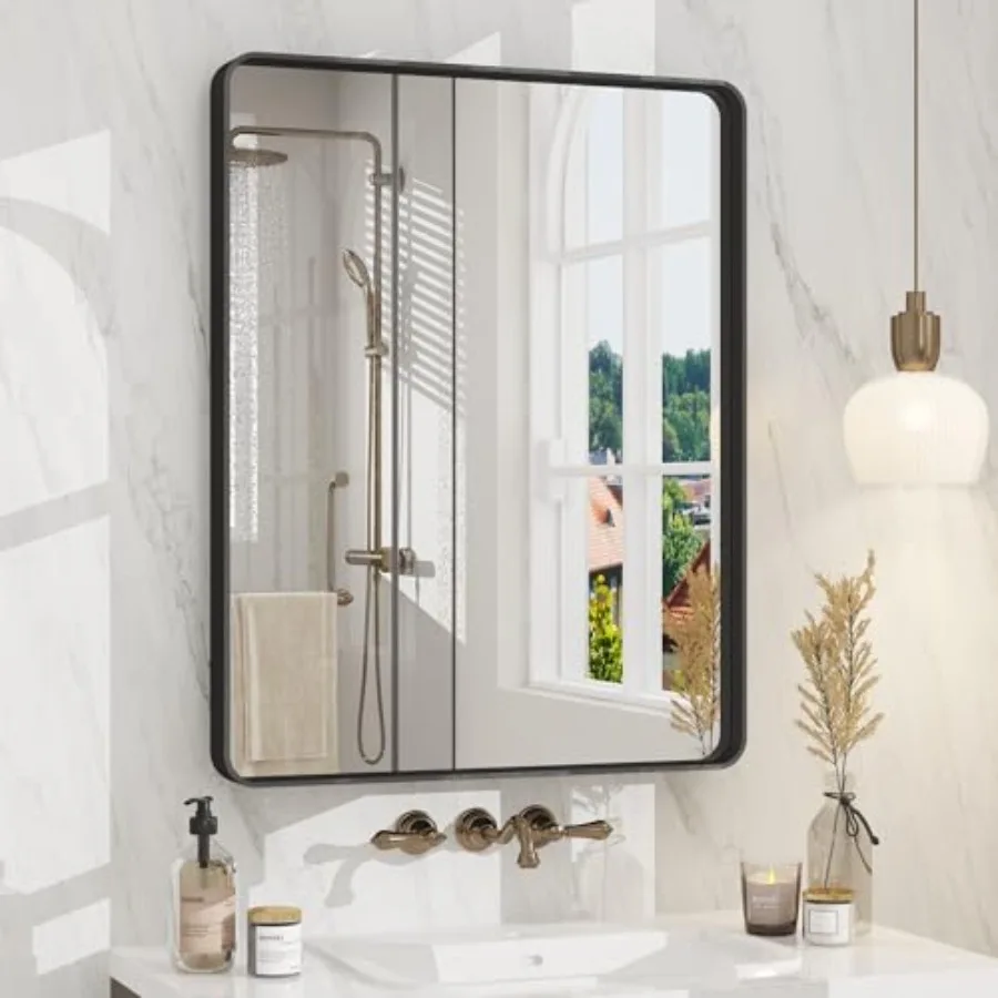 

24x30 Inch Metal Framed Bathrrom Mirror for Wall, Matte Rectabgle Mirror, Rounded Corner, Anti-Rust Horizontal/Vertical