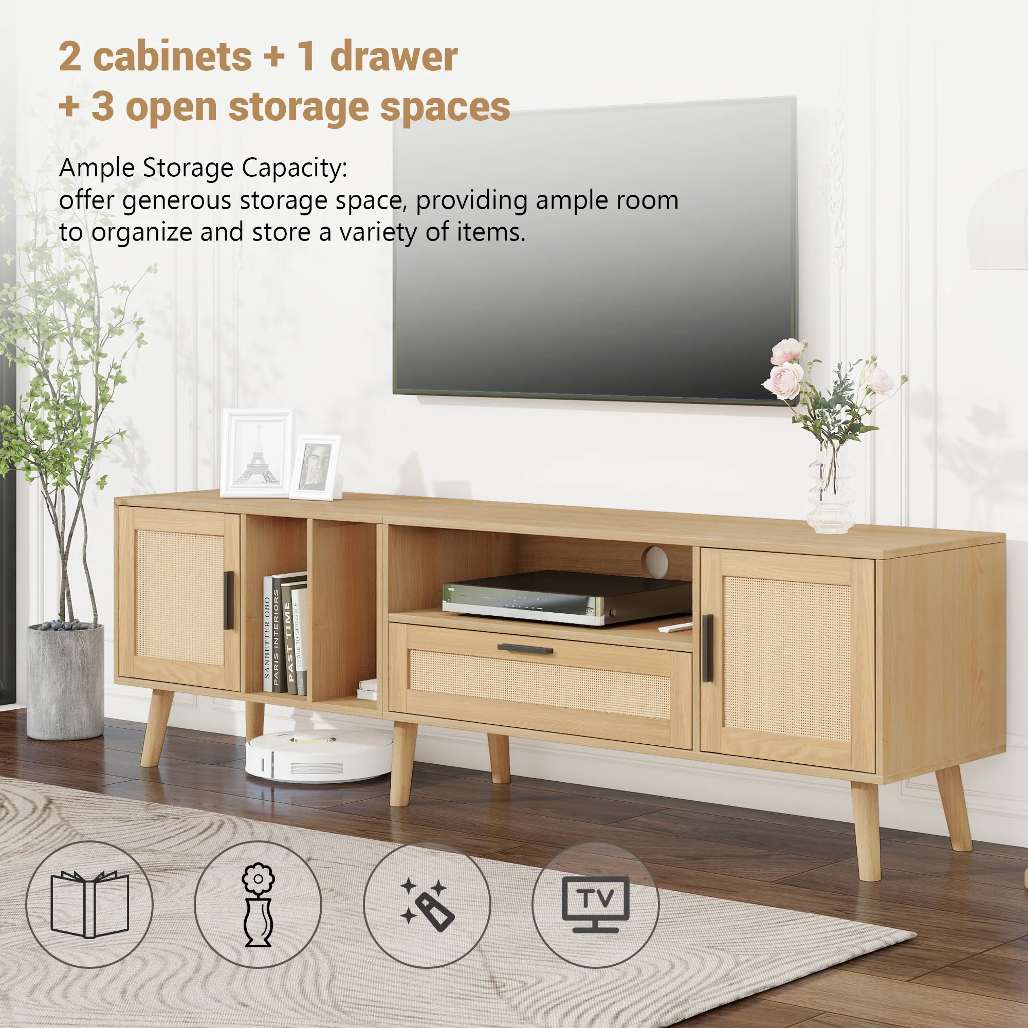 Rattan TV Stand with 2 Cabinets & 2 Open Shelves, Rattan-inspired Media Console Table for TVs up to 80'', Entertainment Center w