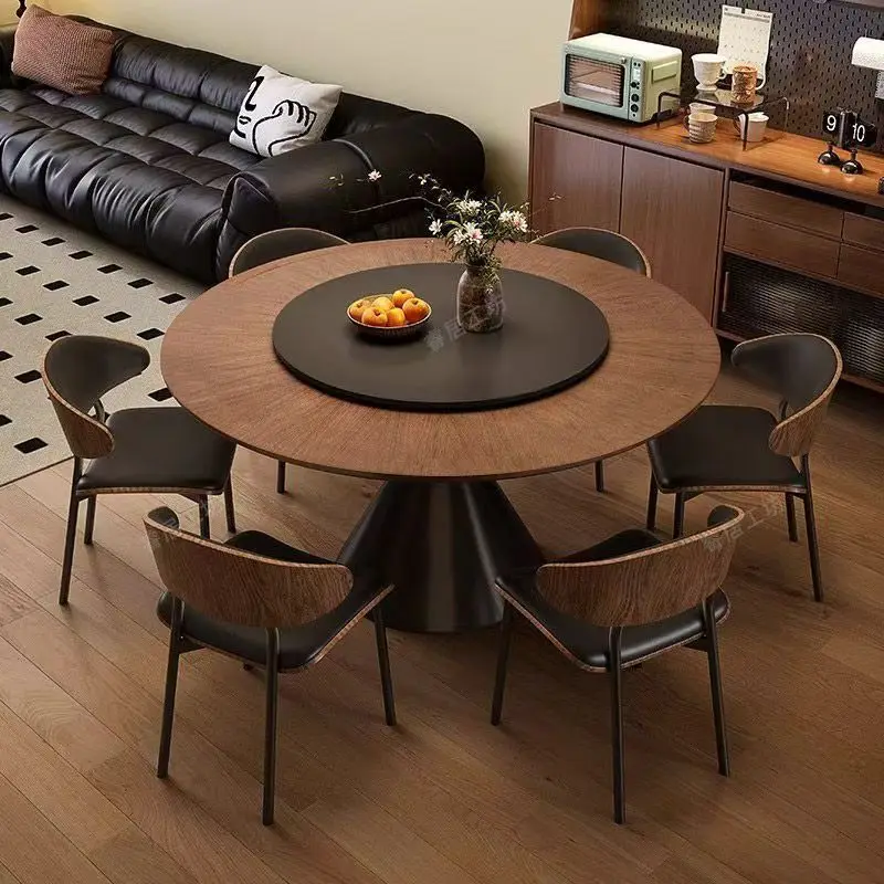 

Solid wood dining table and chairs dining table household antique small apartment round walnut round table turntable combination