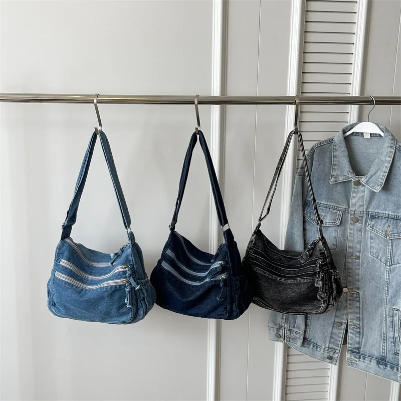 Women Vintage Distressed Denim Shoulder Bag Multi Zipper Frayed Jeans Hobo Bag Casual Large Capacity Daily Crossbody Handbag