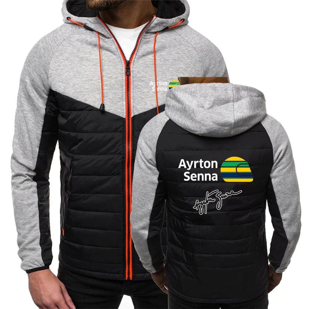 2024 Men Print New Ayrton Senna Autumn and Winter Popular Patchwork Seven-color Cotton-padded Jacket Hooded Coats Printing Tops