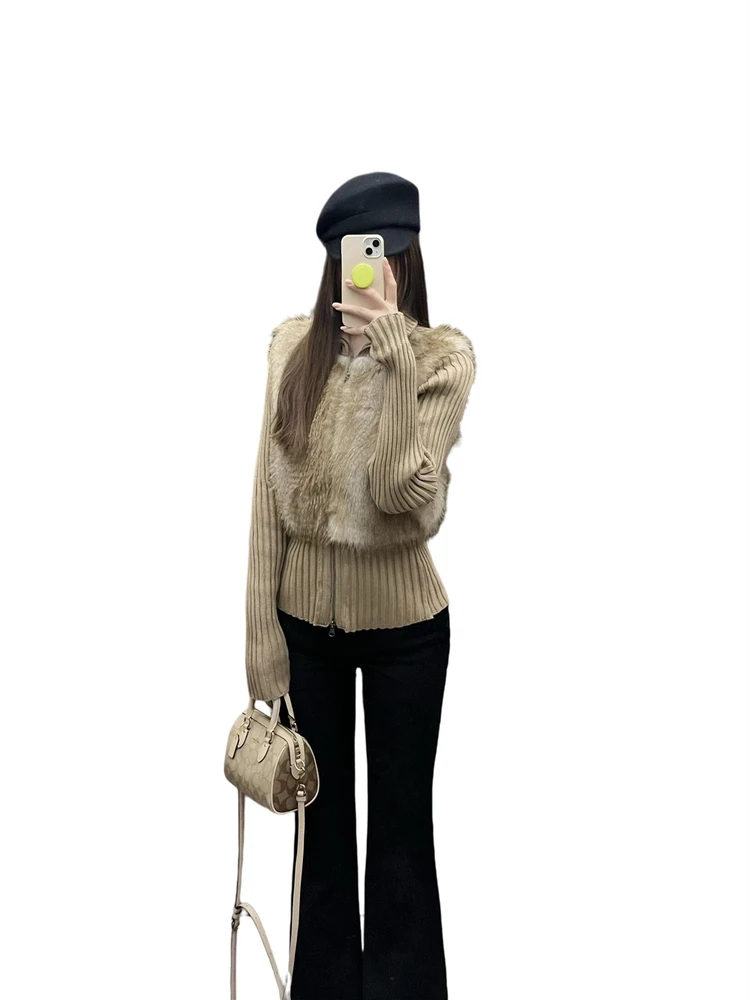 

Thiened Knitted Fur Coat Women's Winter Warm Slim Fit Waist-Cinching Padded ort Outerwear American Sle Long Sve Zipper