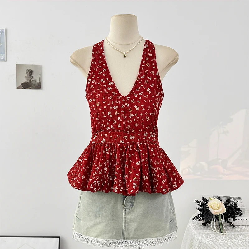 

Floral Halter Neck Tie-Shoulder Sleeveless Top for Women Summer Ballet Ruffled Pleated Backless Hem Blouse