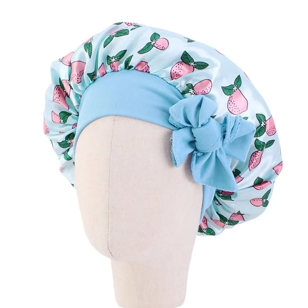 Kids Satin Bonnet Sleep Hat Silk Shower Cap for Child Hair Beanie At Night Boy Girls Flower Printed Silk Sleep Cap with Band Bow