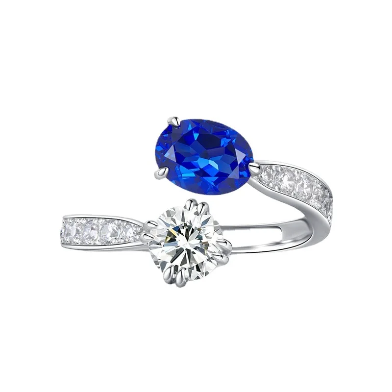 2023 New 925 Silver 6 * 8 Blue Corundum Open Ring for Women, European and American Fashion Versatile