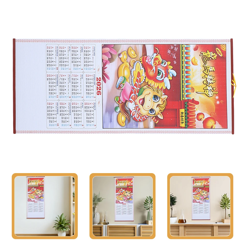 

2Pcs Horse Year Wall Scroll Calendar Faux Rattan Hanging Decoration Traditional Lunar Wall Planner Chinese 2026 Office Home