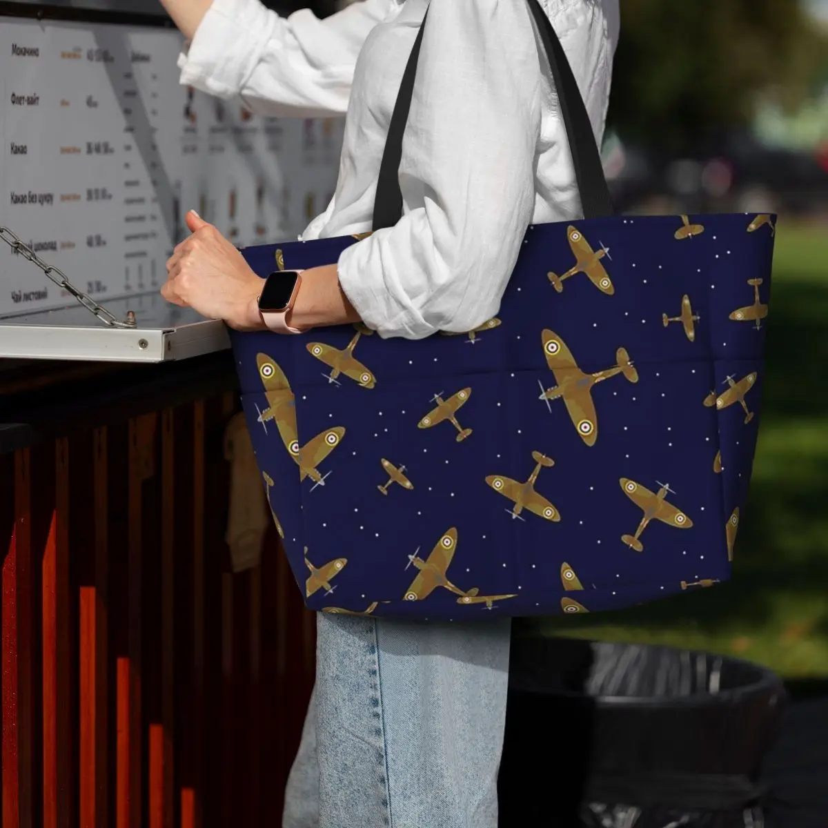 

Spitfire War Planes In Flight On Navy Blue Beach Tote Bag Sport Gym Yoga Duffle Large Tote Bag Women Travel Bag Fitness bag