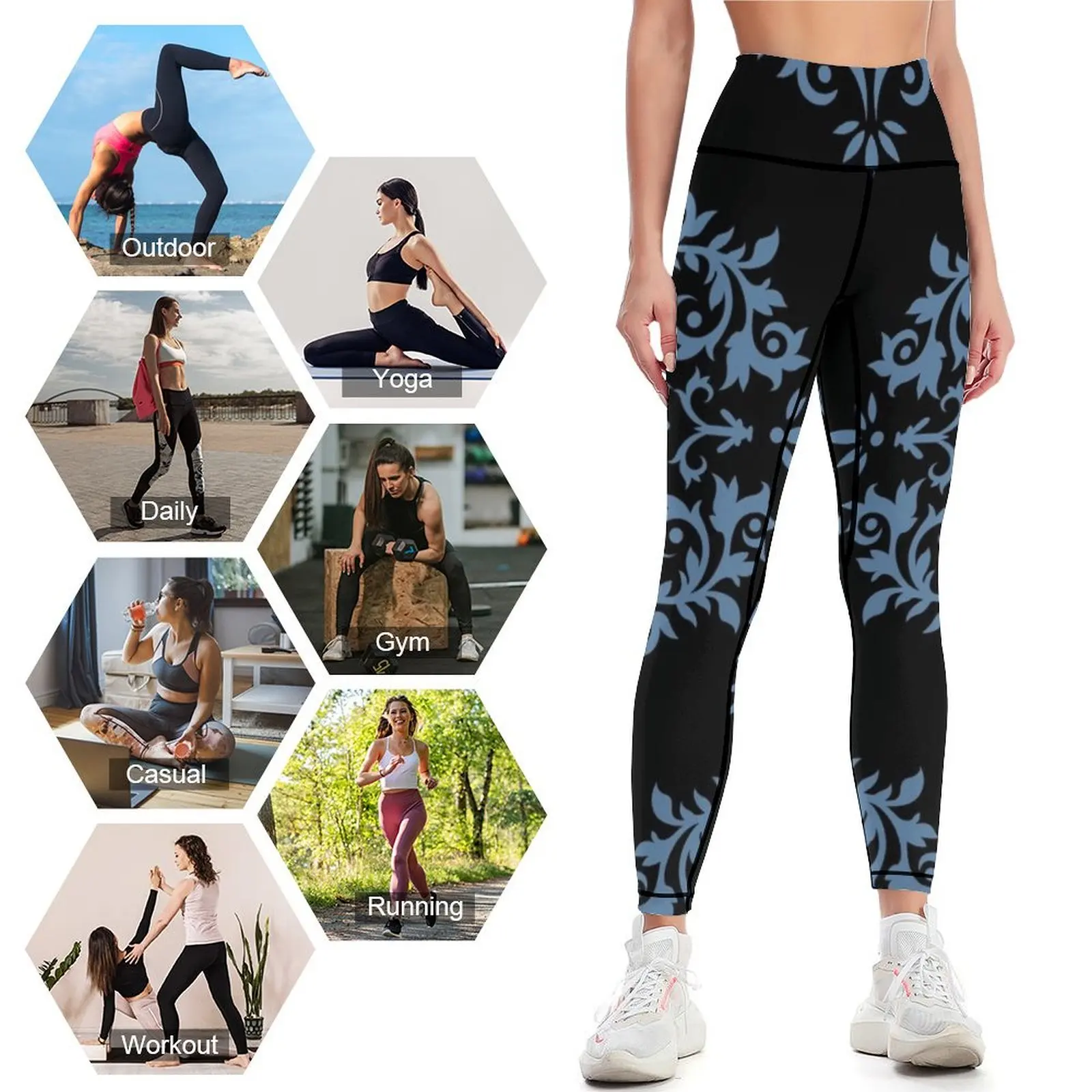 Blu e nero semplice modello damasco Scroll paia diamante Vogel 2022 colore dell'anno Zenith 0647-tendenze colore-Sh Leggings