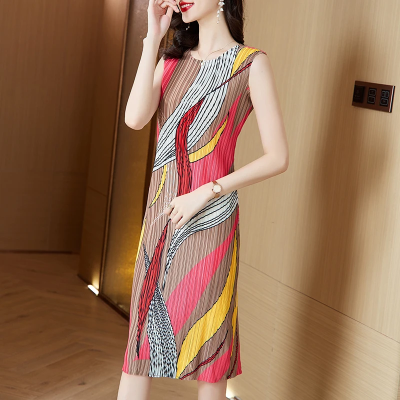 Colete Slim Fit Ele Pleated Dr, Camada Base, Saia Midi de Cintura Alta, Estampa, Primavera, Outono, Inverno, Fibra de Poliéster