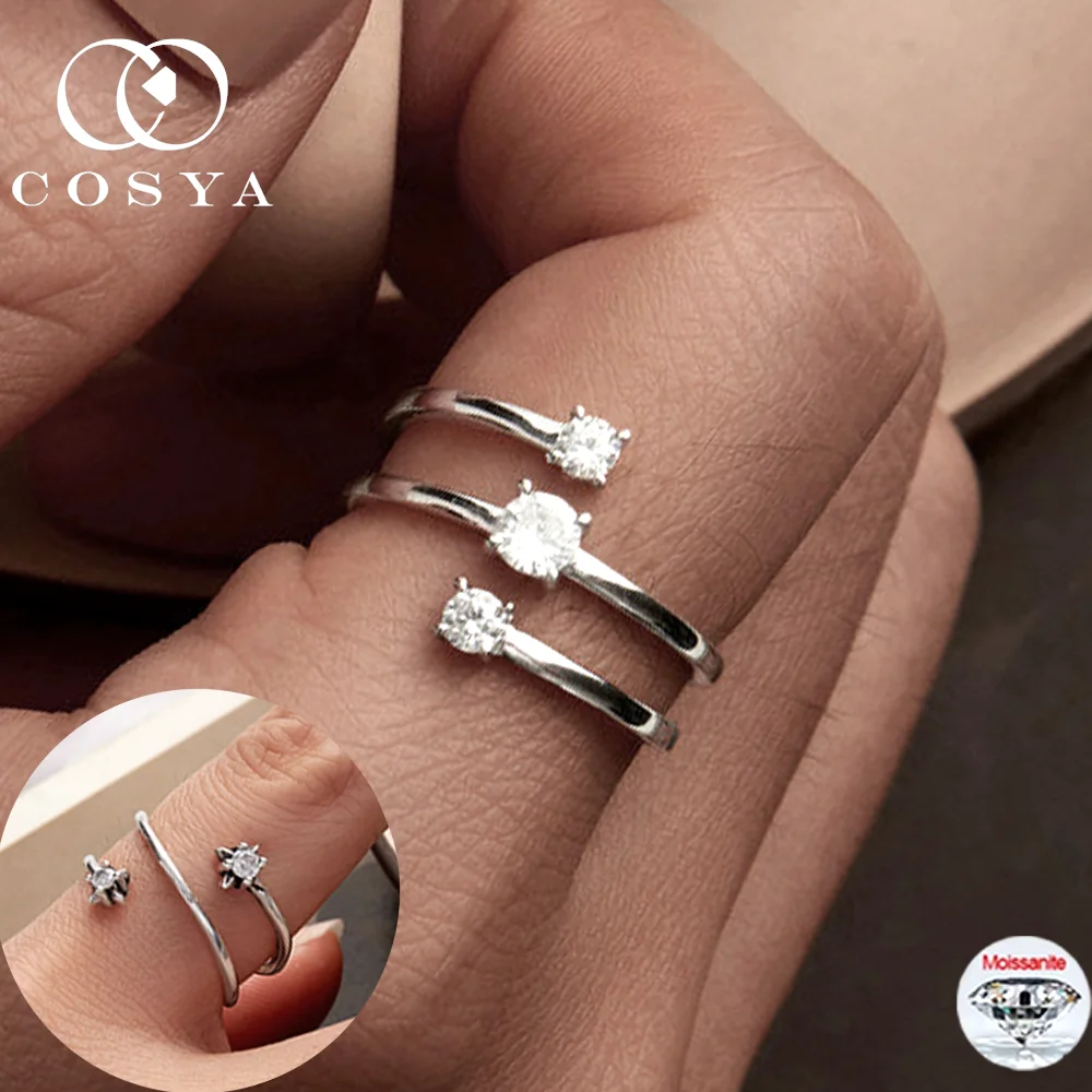 

COSYA Кольцо с муассанитом, серебро S925 с круглым лабораторным бриллиантом GRA D VVS1, многослойное регулируемое кольцо для женщин, изысканные украшения
