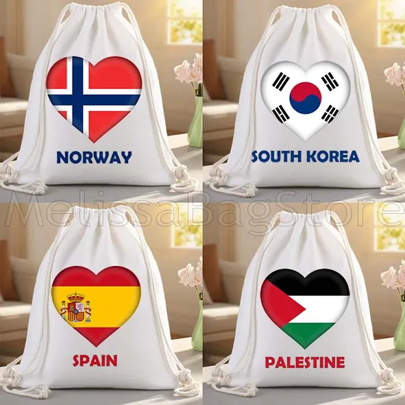 Malediven Norwegen Island Südkorea Spanien Schweden Herz Flagge Leinwand Kordelzug Taschen Fußball Rucksack Sackpack Geschenke String Taschen