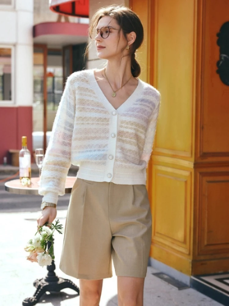 

OLrain Striped Cardigan early spring 2025 Xiaoxiangfeng Slim Knitted Cotton V-Neck Long Sleeve Tops Women's Clothing O24CZ90310