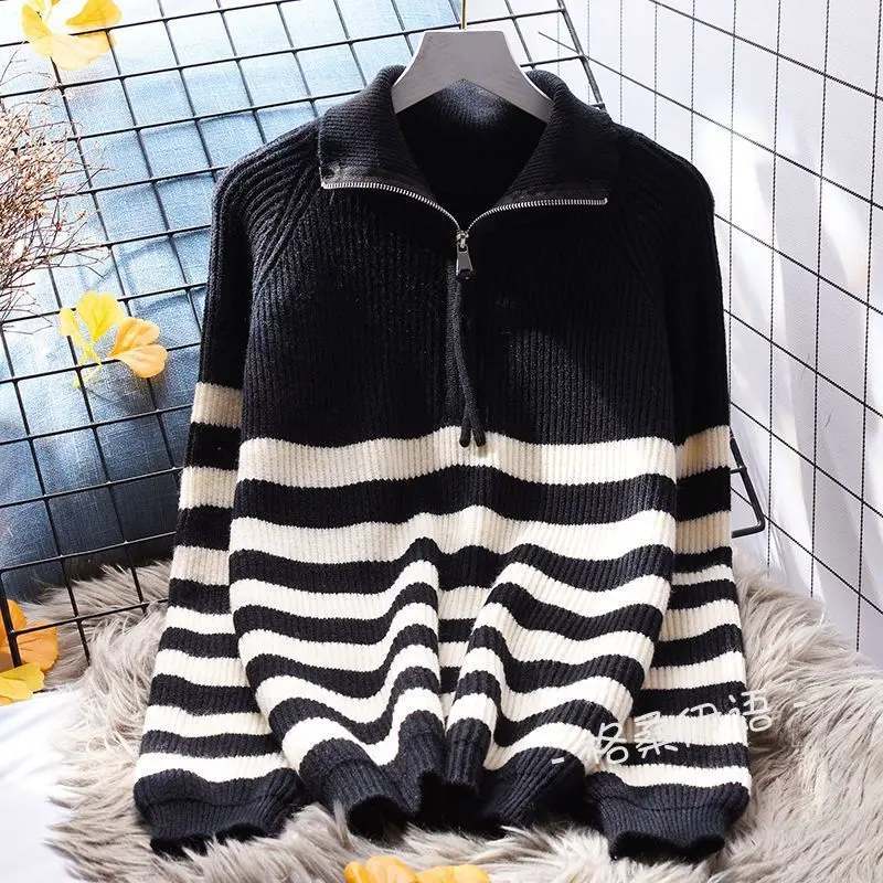 Polo neck zipper stripe pullover sweater for women loose sweater 2023 autumn/winter Japanese knit sweater pullover female top