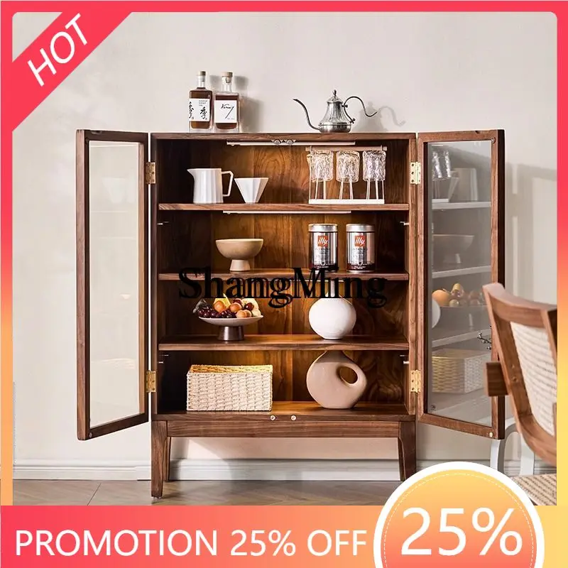 

FG Floor Display Entrance Cabinet Black Walnut Side Cabinet Glass Tea Set Locker