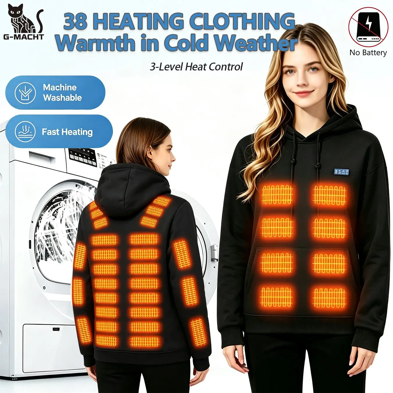 Heated Hoodie Men Women 38 Heating Zones 4 Control 3-Level Heat Control Long Sleeve Winter Thermal Sweatshirt for Outdoor Skiing