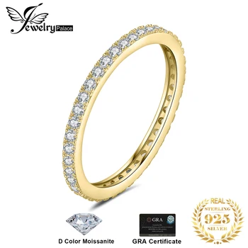 JewelryPalace Moissanite D color eternity total 0.6ct 925 sterling silver wedding band ring for women yellow rose gold plated