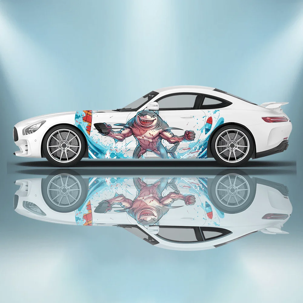 Shark Surfing in The Waves Car Vinyl Wraps Decal Self-adhesive PVC Sticker Suitable for Trucks SUV Decoration Auto Accessories