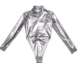 Silver grey color sexy Shiny Metallic high cut legs jumpsuit Lady's Leotard Catsuit