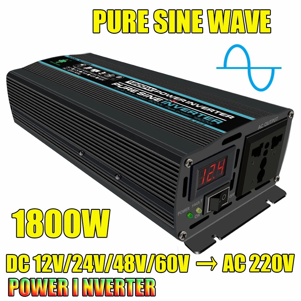 

KMIND 1800W Pure Sine Wave Power Inverter DC 12V 24V 48V 60V to AC 220V 110V with Voltage Display for Car Battery Home Solar