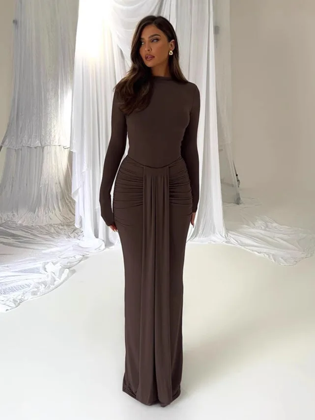 

Elegant Fashion 2 Piece Set Women O-neck Long Sleeve Skinny Bodysuit+ruched Ribbon Skirts Vacation Daily Simple Outfit